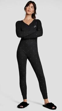 Victorias Secret Pink Bling Thermal Pajamas Onesie Long Janes Black Rhinestone L
